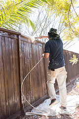 Image showing Professional Painter Spraying Yard Fence with Stain