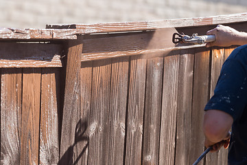 Image showing Professional Painter Spraying Yard Fence with Stain