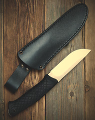 Image showing steel hunting knife near the leather sheath