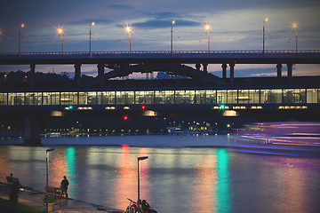 Image showing Moscow, Russia, Luzhniki Metro Bridge at dusk