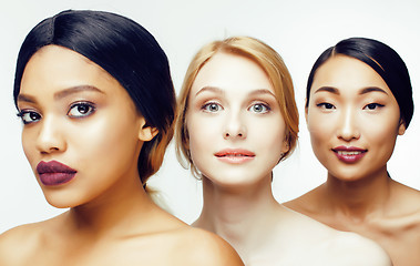 Image showing three different nation woman: asian, african-american, caucasian together isolated on white background happy smiling, diverse type on skin, lifestyle people concept 