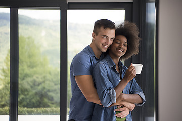 Image showing romantic happy young couple relax at modern home indoors