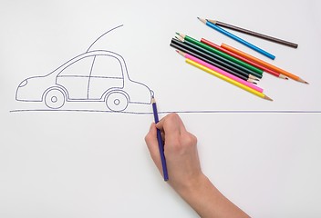 Image showing Hand painted car on the road with colored pencils