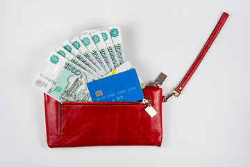 Image showing Red purse from which stick out money and credit cards on a white background