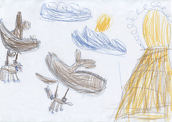 Image showing Children\'s drawing - dragons are prey to the lair on the cliff