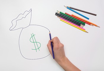 Image showing Hand drawn colored pencil bag of money