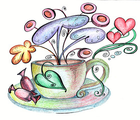 Image showing Stylized cup and saucer and chocolates from which strange flowers grow