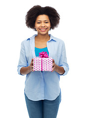Image showing happy african woman with birthday gift box