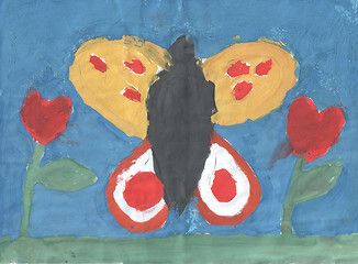 Image showing Children\'s drawing - beautiful butterfly flying in the