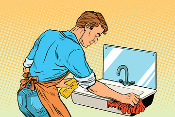 Image showing Home cleaning washing kitchen sinks, man works