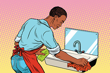 Image showing Home cleaning washing kitchen sinks, man works