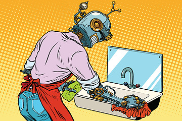 Image showing Home cleaning washing kitchen sinks, robot works