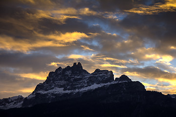 Image showing Sunset in Dolomites mountains around Famous ski resort Cortina D