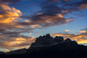 Image showing Sunset in Dolomites, mountains around Famous ski resort Cortina 