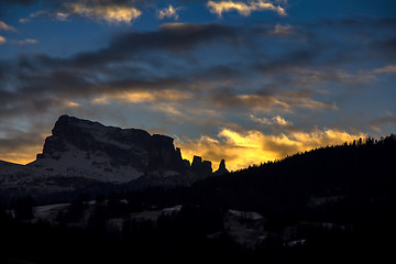 Image showing Sunset in Dolomites, mountains around Famous ski resort Cortina 