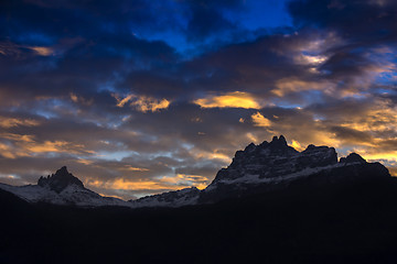 Image showing Sunset in Dolomites, mountains around Famous ski resort Cortina 