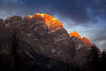 Image showing Sunset in Dolomites, mountains around Famous ski resort Cortina 