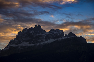 Image showing Sunset in Dolomites, mountains around Famous ski resort Cortina 