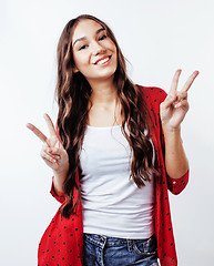 Image showing young pretty stylish hipster girl posing emotional isolated on white background happy smiling cool smile, lifestyle people concept 