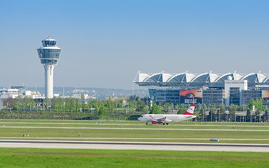 Image showing Munich international airport view with passenger airplane of Aus