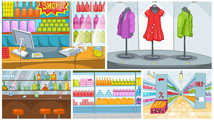 Image showing Cartoon set of grocery store and pub backgrounds.