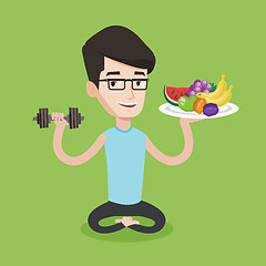 Image showing Healthy man with fruits and dumbbell.
