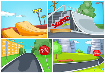 Image showing Cartoon set of skatepark and bike lane backgrounds