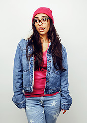 Image showing young happy smiling latin american teenage girl emotional posing on white background, lifestyle people concept 