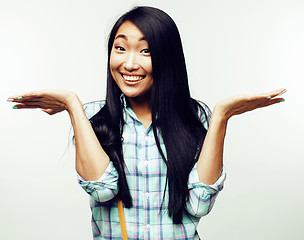 Image showing young pretty asian woman posing cheerful emotional isolated on white background, lifestyle people concept 