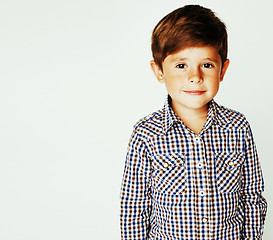 Image showing young pretty little cute boy kid wondering, posing emotional fac