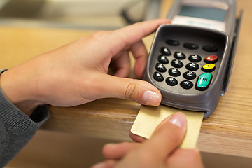 Image showing close up of hand inserting bank card to terminal