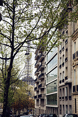 Image showing french paris street with Eiffel Tower in perspective trought trees