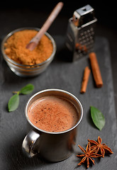 Image showing Cup of hot chocolate, cinnamon sticks
