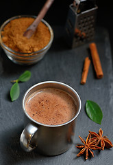 Image showing Cup of hot chocolate, cinnamon sticks