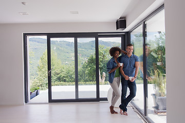 Image showing romantic happy young couple relax at modern home indoors