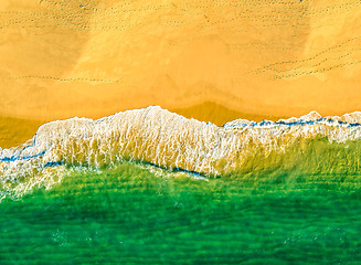 Image showing Aerial View Amazing Seascape with Small Waves on Sandy Beach