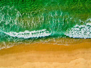 Image showing Aerial View Amazing Seascape with Small Waves on Sandy Beach