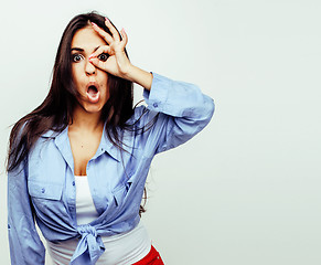 Image showing young happy smiling latin american teenage girl emotional posing on white background, lifestyle people concept 