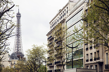 Image showing french paris street with Eiffel Tower in perspective trought trees