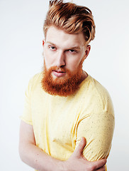 Image showing portrait of young bearded hipster guy smiling on white background close up isolated, lifestyle people concept