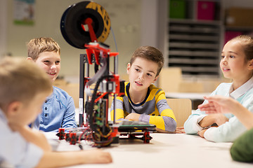 Image showing happy children with 3d printer at robotics school