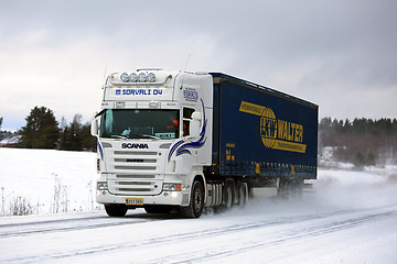 Image showing White Scania Semi Truck Transport in Winter