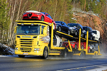 Image showing Yellow Scania R500 Car Carrier Hauls New Vehicles
