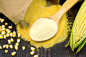 Image showing Flour corn in spoon with grains on dark board