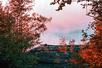 Image showing Autumn Landscape With Pink Mist At Sunrise