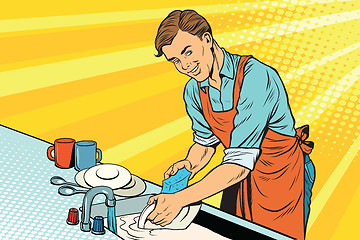 Image showing Vintage worker washes dishes