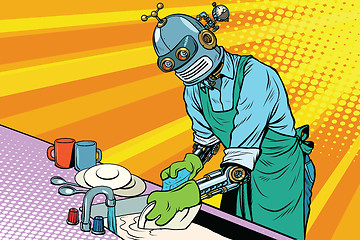 Image showing Vintage worker robot washes dishes