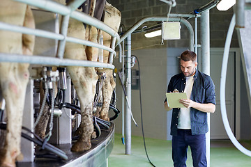 Image showing man with clipboard and milking cows on dairy farm