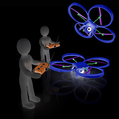 Image showing 3d man with drone, quadrocopter, with photo camera. 3d render. 3