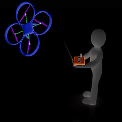 Image showing 3d man with drone, quadrocopter, with photo camera. 3d render. 3